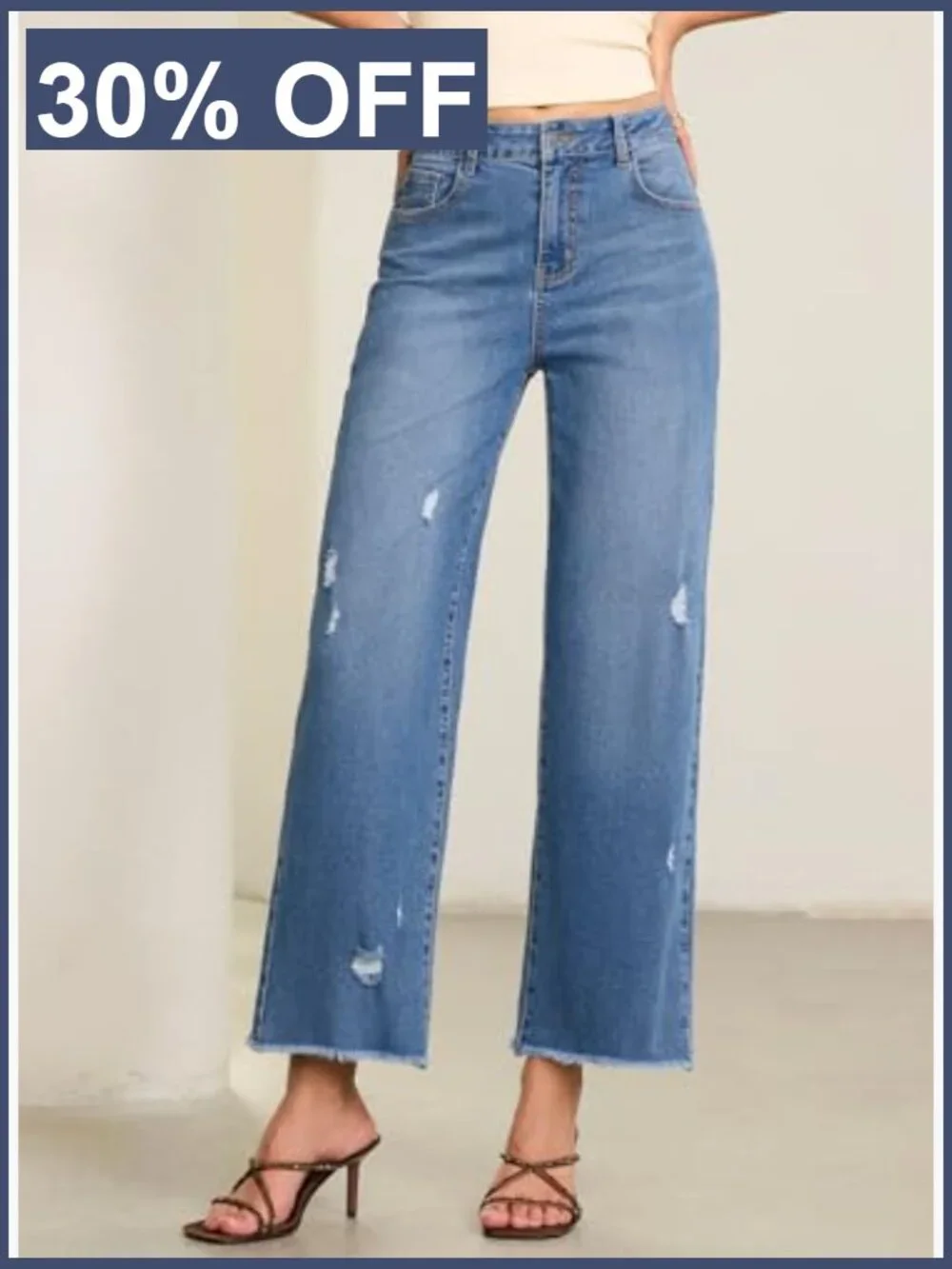 Distressed Wide Leg Jeans with Frayed Hem and Pockets - Picture 4 of 7